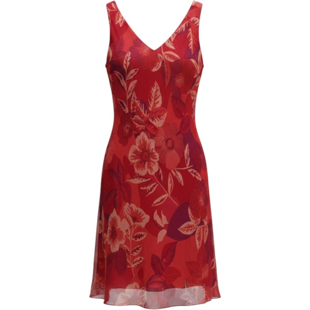 Jones New York Dress 14 Red Floral 100% Silk Sleeveless V-Neck Midi A-Line 90s